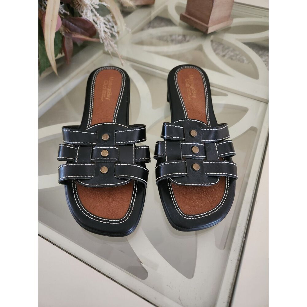 Montego Bay Club Women's Heeled Sandals ‎ Leather Black  Slip On Size 8.5W